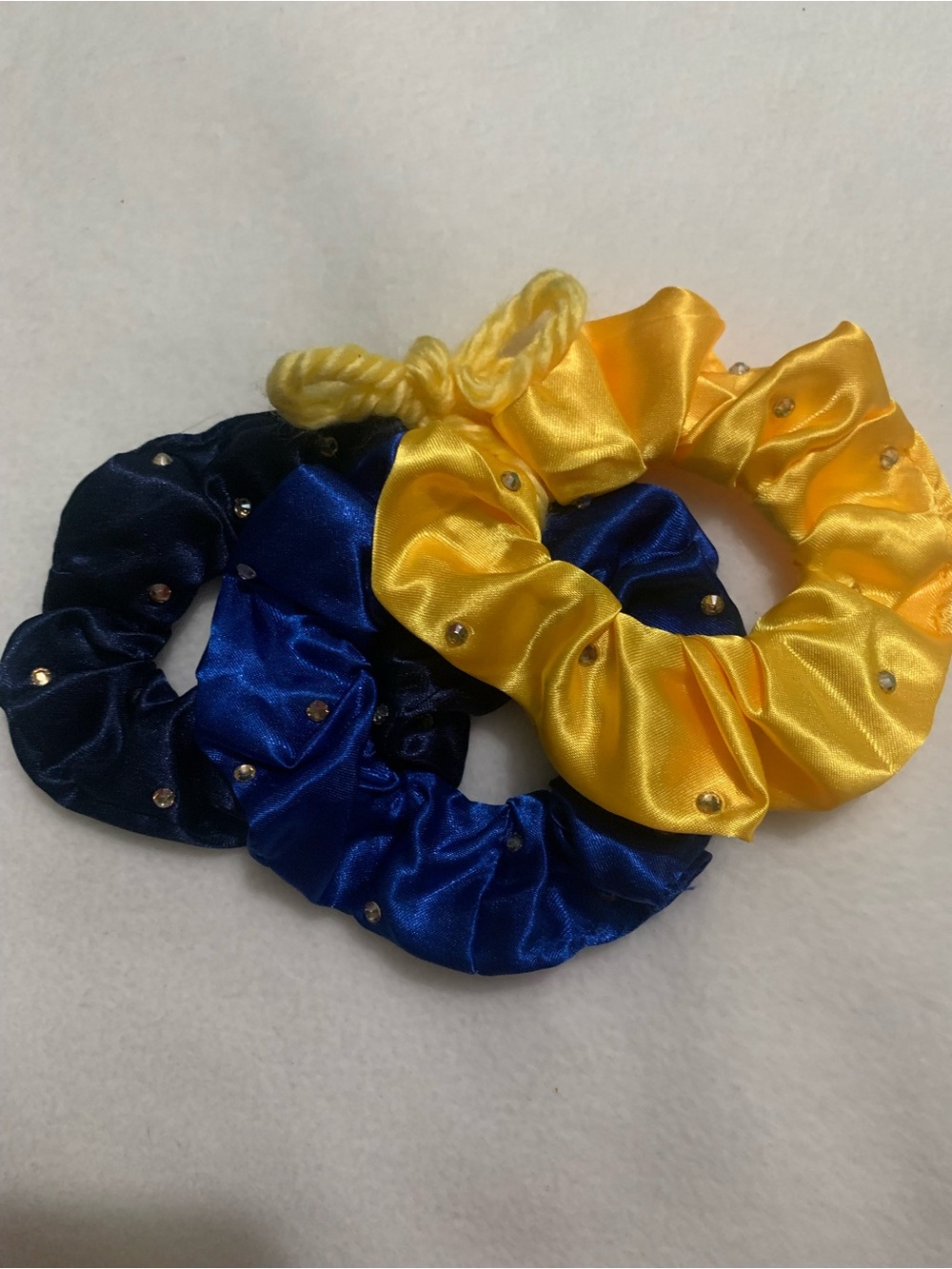 Satin Hair Scrunchie Set 3 With gold Rhinestone Yellow ,Navy Blue & Royal Blue